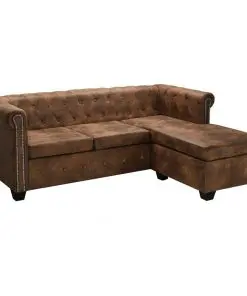 vidaXL L-shaped Chesterfield Sofa Artificial Suede Leather Brown