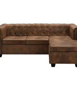 vidaXL L-shaped Chesterfield Sofa Artificial Suede Leather Brown