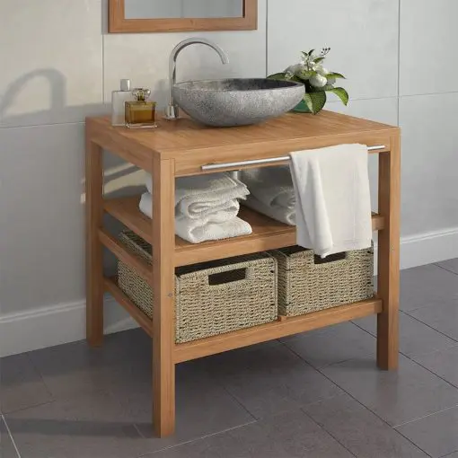 vidaXL Bathroom Vanity Cabinet Solid Teak with Riverstone Sink