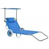 vidaXL Folding Sun Lounger with Canopy and Wheels Steel Blue