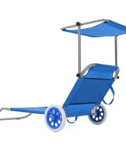 vidaXL Folding Sun Lounger with Canopy and Wheels Steel Blue