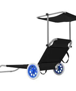 vidaXL Folding Sun Lounger with Canopy and Wheels Steel Black