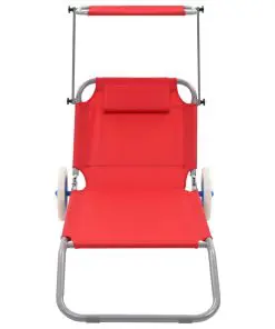 vidaXL Folding Sun Lounger with Canopy and Wheels Steel Red