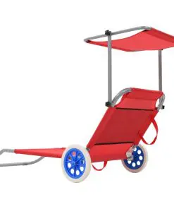 vidaXL Folding Sun Lounger with Canopy and Wheels Steel Red