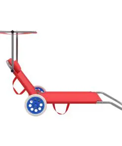 vidaXL Folding Sun Lounger with Canopy and Wheels Steel Red