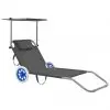 vidaXL Folding Sun Lounger with Canopy and Wheels Steel Grey