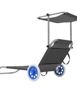 vidaXL Folding Sun Lounger with Canopy and Wheels Steel Grey