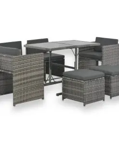 vidaXL 7 Piece Outdoor Dining Set with Cushions Poly Rattan Grey