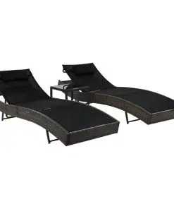 vidaXL Sun Loungers 2 pcs with Table Poly Rattan and Textilene Brown