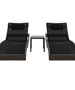vidaXL Sun Loungers 2 pcs with Table Poly Rattan and Textilene Brown