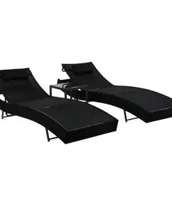 vidaXL Sun Loungers 2 pcs with Table Poly Rattan and Textilene Black