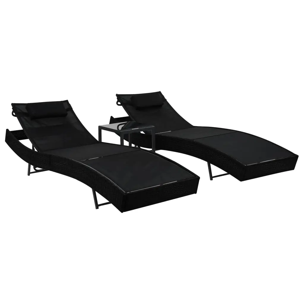 vidaXL Sun Loungers 2 pcs with Table Poly Rattan and Textilene Black