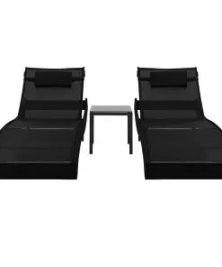 vidaXL Sun Loungers 2 pcs with Table Poly Rattan and Textilene Black
