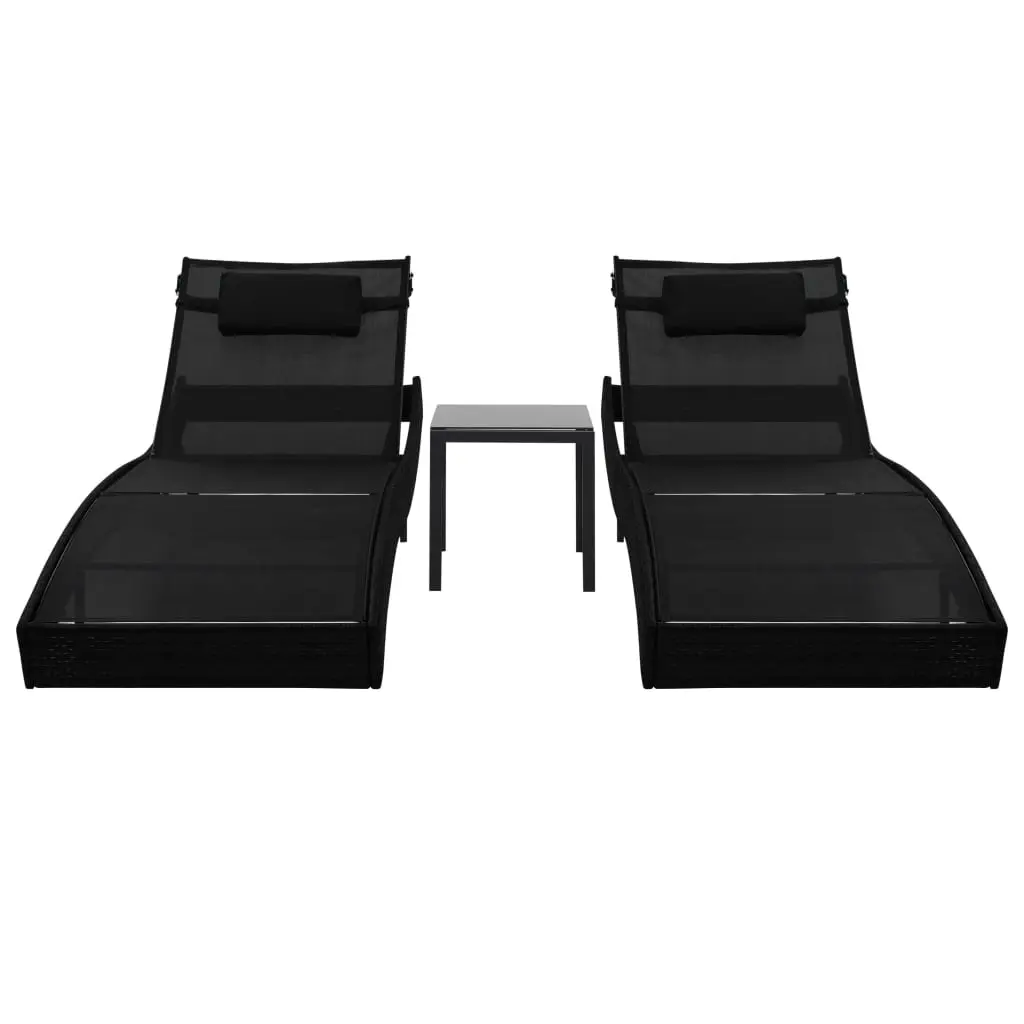 vidaXL Sun Loungers 2 pcs with Table Poly Rattan and Textilene Black