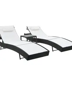 vidaXL Sun Loungers 2 pcs with Table Poly Rattan and Textilene Black