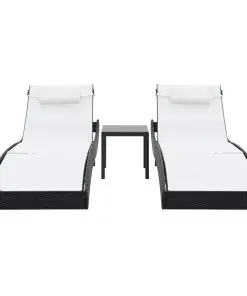 vidaXL Sun Loungers 2 pcs with Table Poly Rattan and Textilene Black
