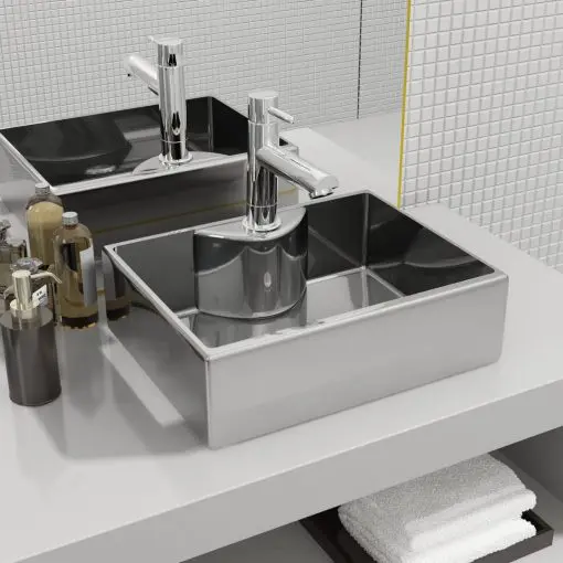 vidaXL Wash Basin with Faucet Hole 48x37x13.5 cm Ceramic Silver