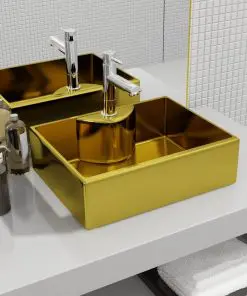 vidaXL Wash Basin with Faucet Hole 48x37x13.5 cm Ceramic Gold