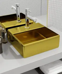 vidaXL Wash Basin with Faucet Hole 38x30x11.5 cm Ceramic Gold