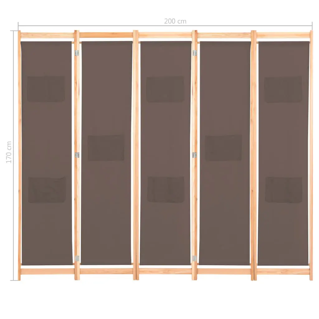vidaXL 5-Panel Room Divider Brown 200x170x4 cm Fabric