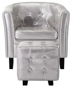 vidaXL Tub Chair with Footstool Silver Faux Leather