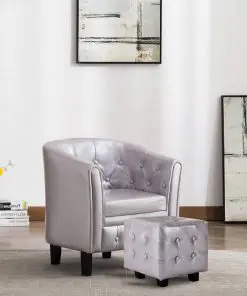 vidaXL Tub Chair with Footstool Silver Faux Leather