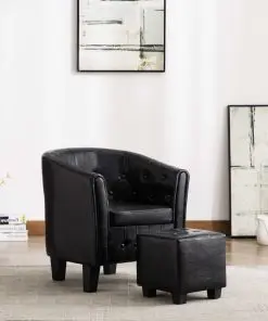 vidaXL Tub Chair with Footstool Black Faux Leather vidaXL Tub Chair with Footstool Black Faux Leather