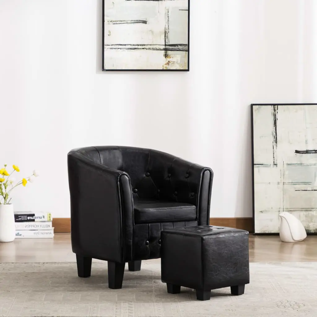 vidaXL Tub Chair with Footstool Black Faux Leather