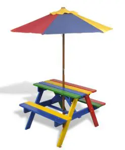 vidaXL Kids’ Picnic Table with Benches and Parasol Multicolour Wood