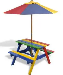 vidaXL Kids’ Picnic Table with Benches and Parasol Multicolour Wood