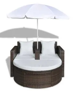 vidaXL Garden Bed with Parasol Brown Poly Rattan