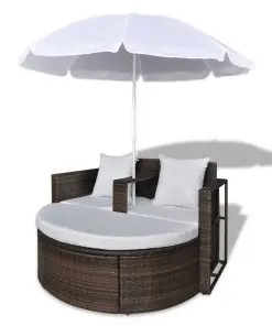vidaXL Garden Bed with Parasol Brown Poly Rattan
