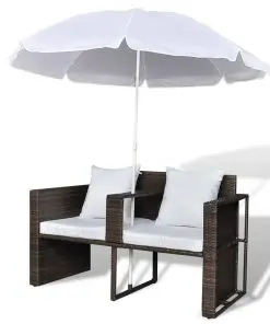 vidaXL Garden Bed with Parasol Brown Poly Rattan