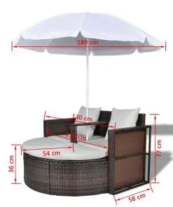 vidaXL Garden Bed with Parasol Brown Poly Rattan