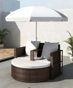 vidaXL Garden Bed with Parasol Brown Poly Rattan