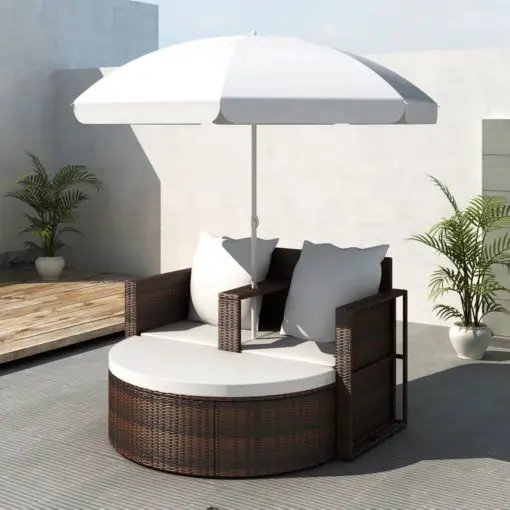 vidaXL Garden Bed with Parasol Brown Poly Rattan