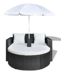 vidaXL Garden Bed with Parasol Black Poly Rattan