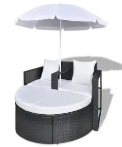 vidaXL Garden Bed with Parasol Black Poly Rattan