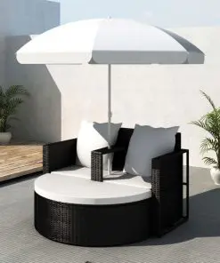 vidaXL Garden Bed with Parasol Black Poly Rattan