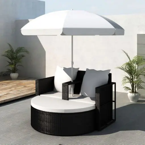 vidaXL Garden Bed with Parasol Black Poly Rattan