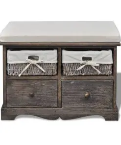 Brown Paulownia Wood Storage Bench 2 Weaving Baskets 2 Drawers