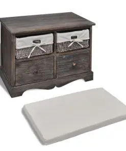 Brown Paulownia Wood Storage Bench 2 Weaving Baskets 2 Drawers