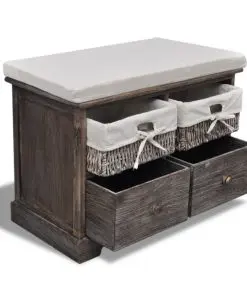 Brown Paulownia Wood Storage Bench 2 Weaving Baskets 2 Drawers