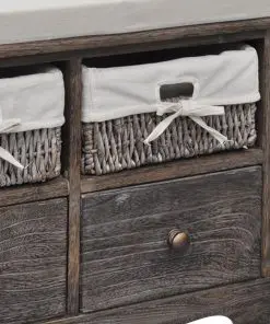 Brown Paulownia Wood Storage Bench 2 Weaving Baskets 2 Drawers