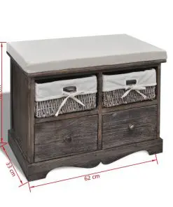 Brown Paulownia Wood Storage Bench 2 Weaving Baskets 2 Drawers