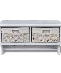 White Paulownia Wood Wall Shelf With Hangers 2 Weaving Baskets 4 Hooks