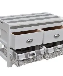 White Storage & Entryway Bench with Cushion Top 2 Drawer 2 Basket