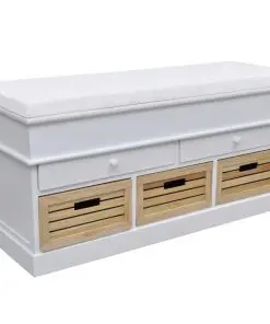 White Storage & Entryway Bench with Cushion Top 2 Draw 3 Crate