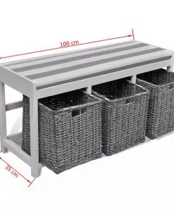 White Storage & Entryway Bench with Cushion Top 3 Basket