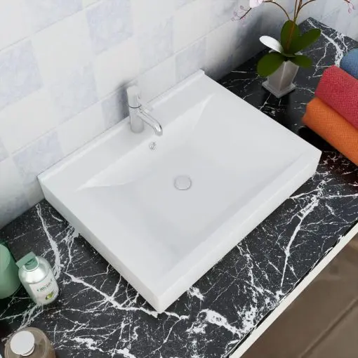 vidaXL Luxury Ceramic Basin Rectangular Sink White with Faucet Hole